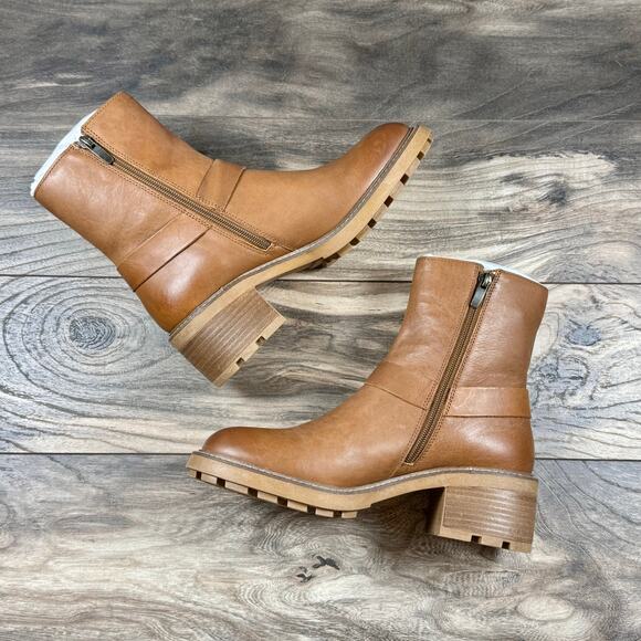 Steve Madden Cordelia 9M Cognac Leather Block Heel Harness Biker Ankle Boot - Picture 5 of 12